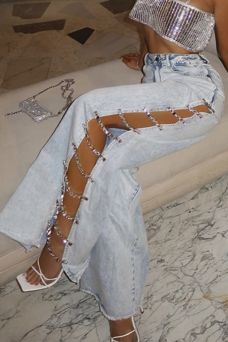 Kaynafashions - Sexy Sportswear Solid Rhinestone High Waist Loose Denim Jeans