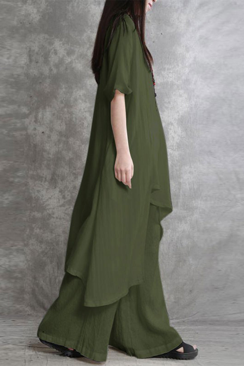 Kaynafashions - Casual Solid Pocket Asymmetrical O Neck Two Pieces