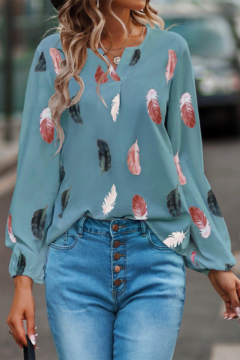 Kaynafashions - Casual Print Feathers Printing V Neck Tops(7 Colors)