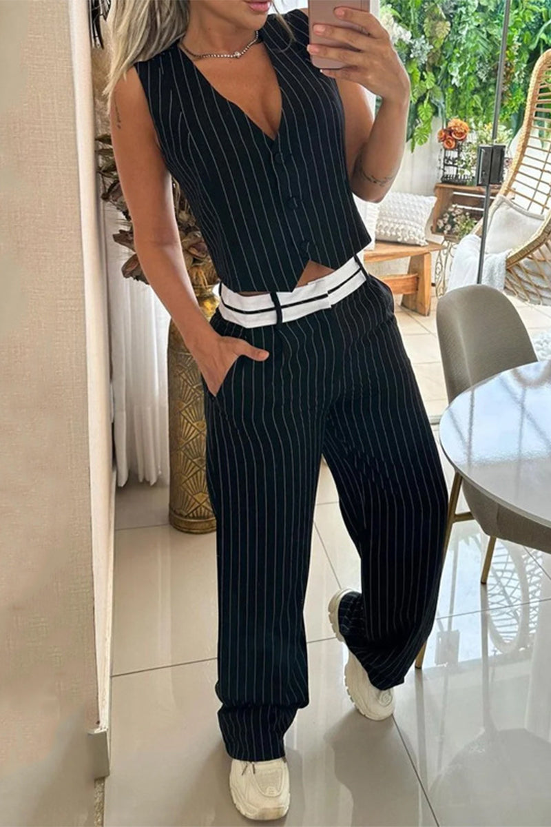Kaynafashions - Casual Work Striped Buckle V Neck Sleeveless Two Pieces