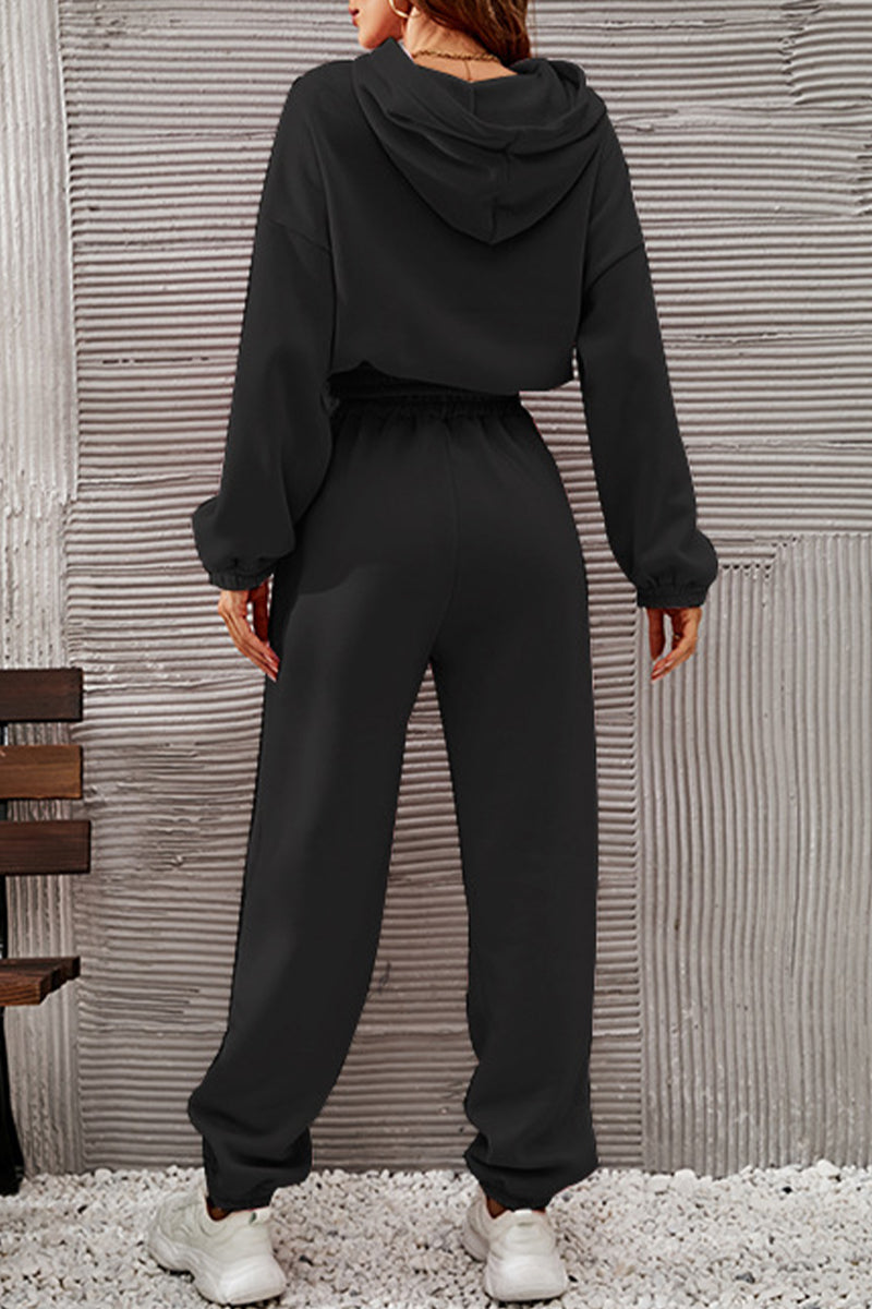 Kaynafashions - Casual Sportswear Solid Fold Hooded Collar Long Sleeve Two Pieces