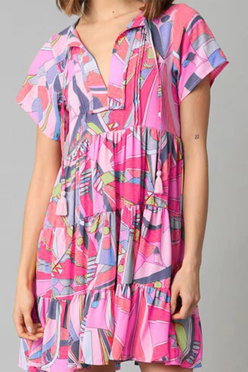 Kaynafashions - Bohemian Geometric Print V Neck A Line Dresses