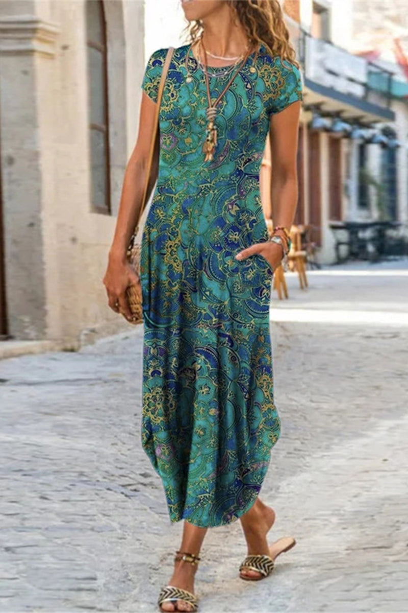 Kaynafashions - Casual Street Print Patchwork O Neck Short Sleeve Dress Dresses(10 Colors)