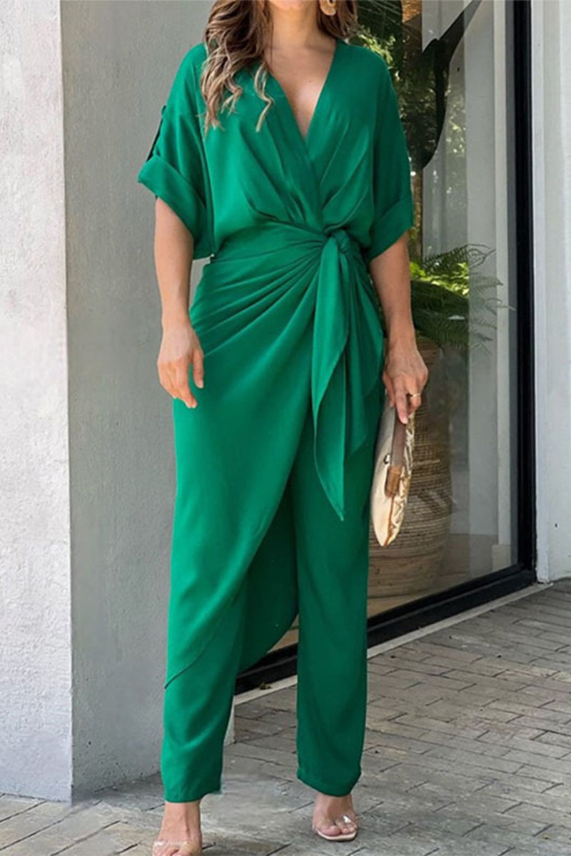 Kaynafashions - Casual Solid Frenulum V Neck Regular Jumpsuits(3 Colors)
