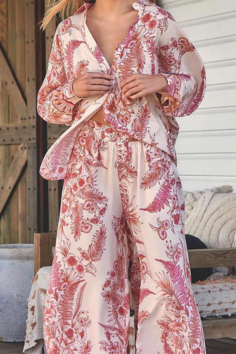 Kaynafashions - Casual Print Pocket Turndown Collar Long Sleeve Two Pieces