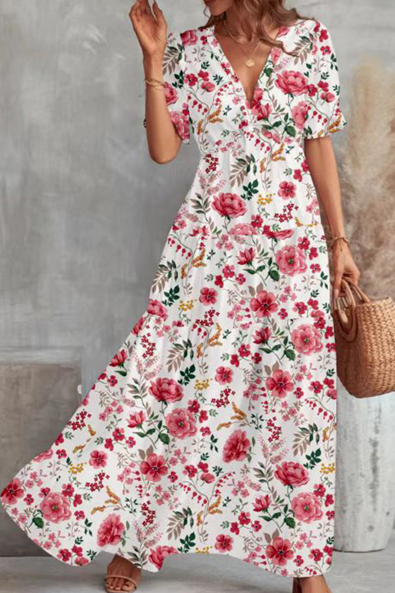 Kaynafashions - Elegant Floral Patchwork V Neck A Line Dresses(4 Colors)