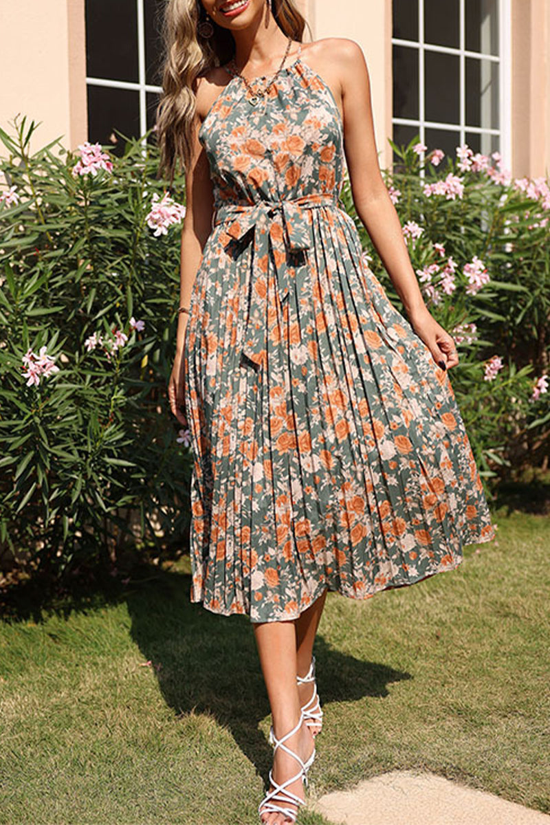 Kaynafashions - Elegant Floral Frenulum Halter Pleated Dresses