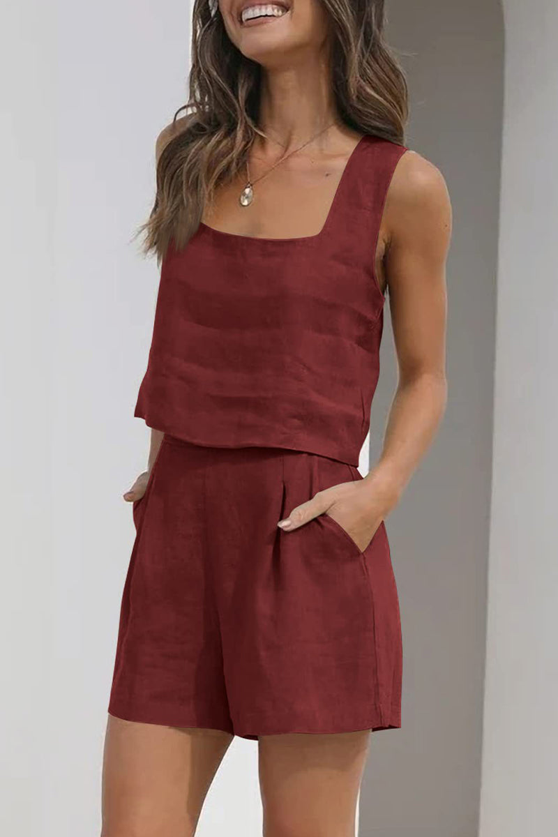 Kaynafashions - Casual Simplicity Solid Pocket Square Collar Sleeveless Two Pieces(16 Colors)