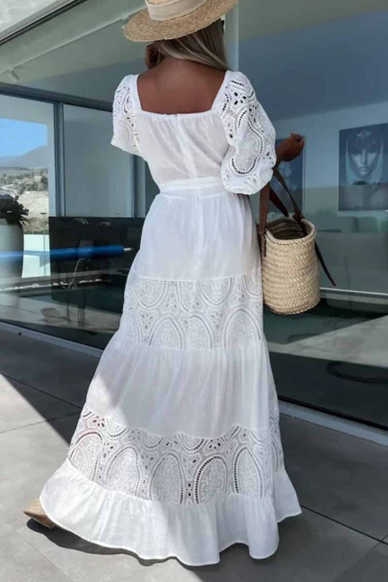 Kaynafashions - Elegant Solid Hollowed Out Frenulum Square Collar A Line Dresses