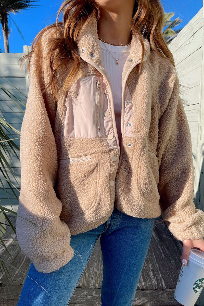 Kaynafashions - Casual Solid Patchwork Pocket Mandarin Collar Outerwear(6 Colors)