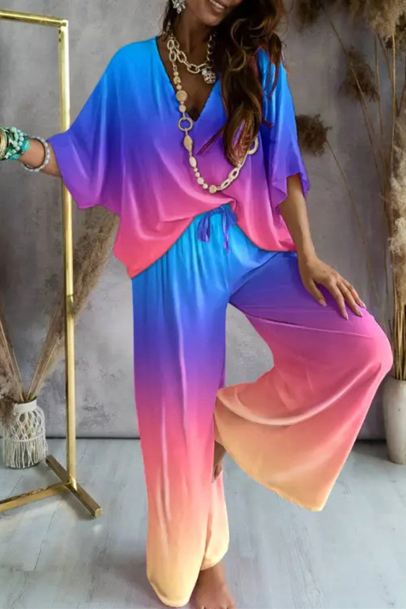 Kaynafashions - Casual Print Patchwork V Neck Half Sleeve Two Pieces(9 Colors)