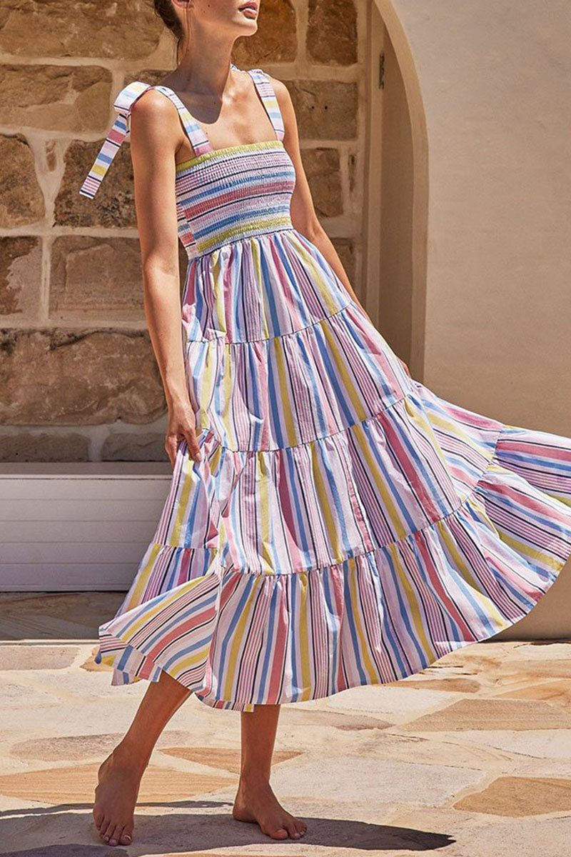 Kaynafashions - Casual Striped Print Bandage Patchwork Spaghetti Strap Sling Dress Dresses