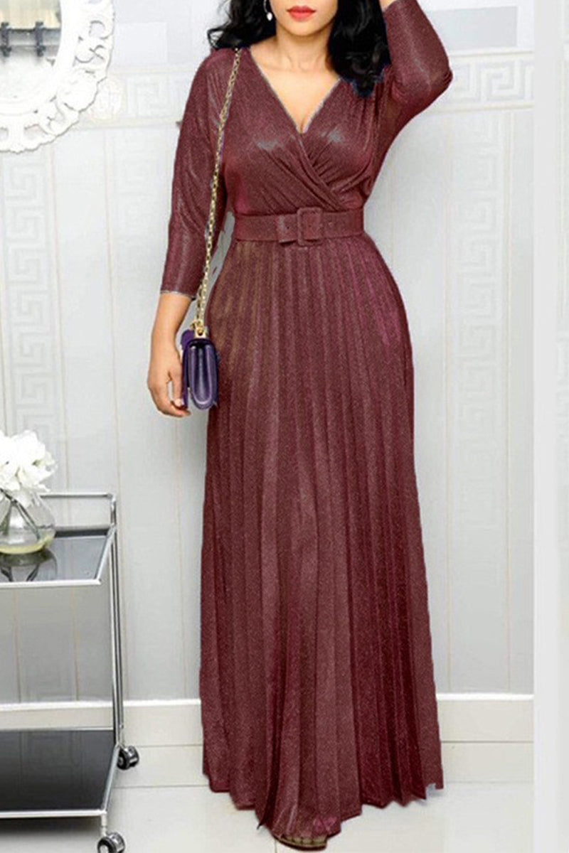 Kaynafashions - Elegant Bronzing Sequined With Belt V Neck A Line Dresses