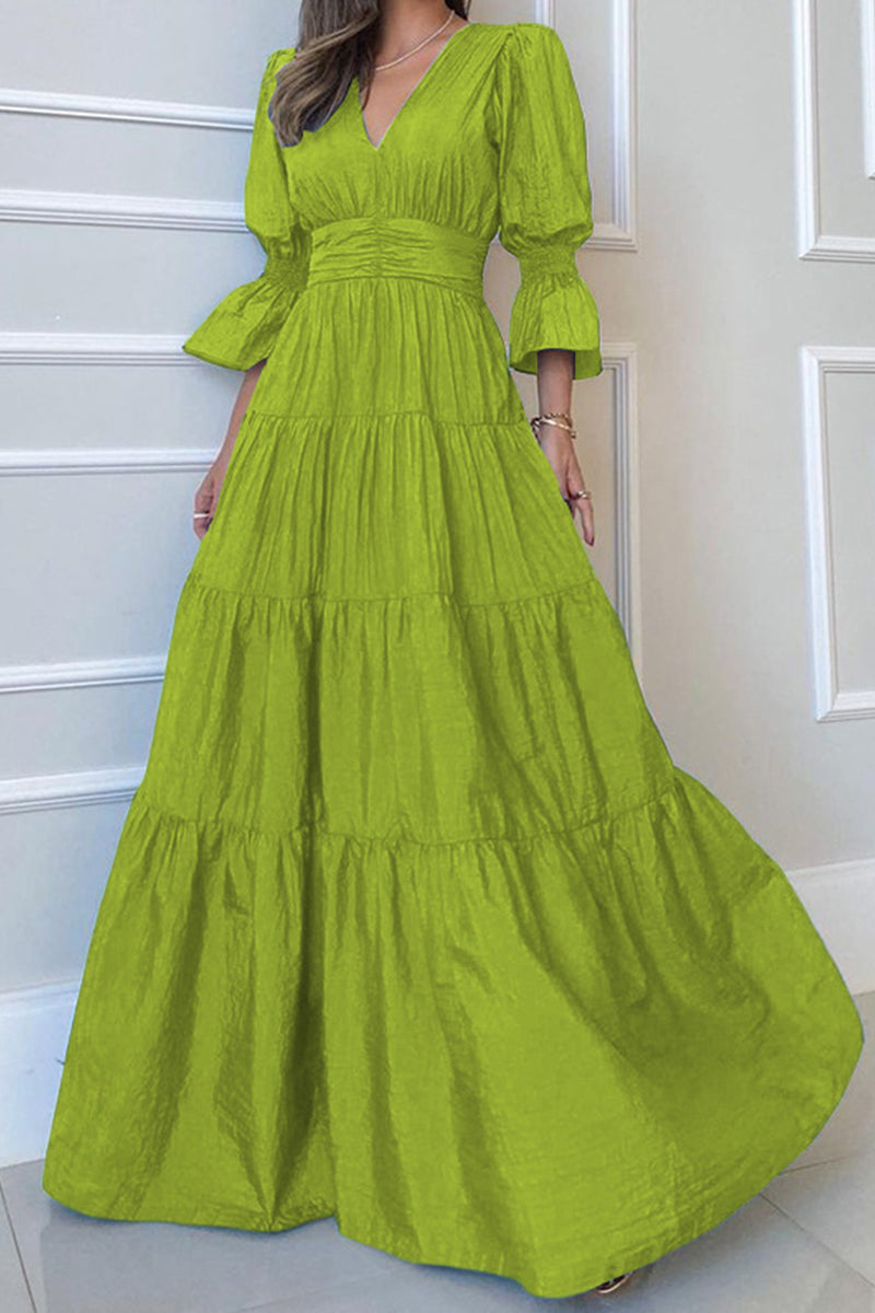 Kaynafashions - Elegant Solid Fold V Neck A Line Dresses