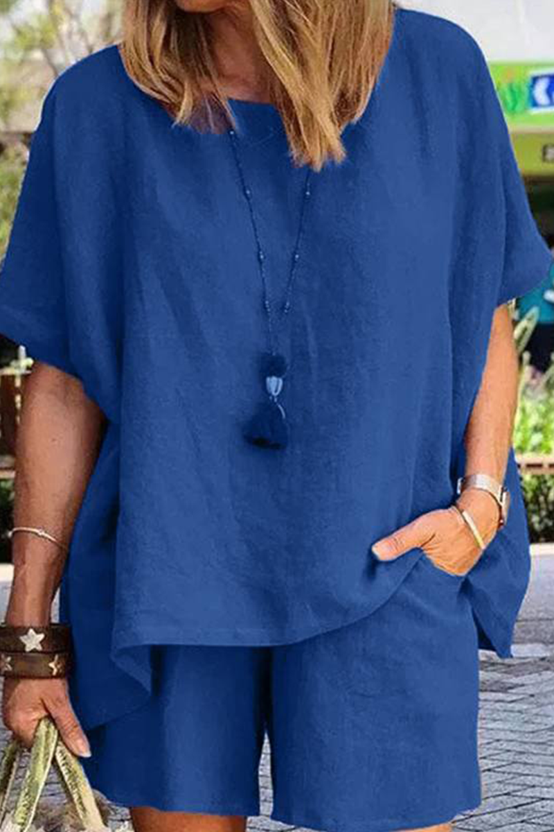 Kaynafashions - Casual Solid Patchwork O Neck Short Sleeve Two Pieces(4 Colors)