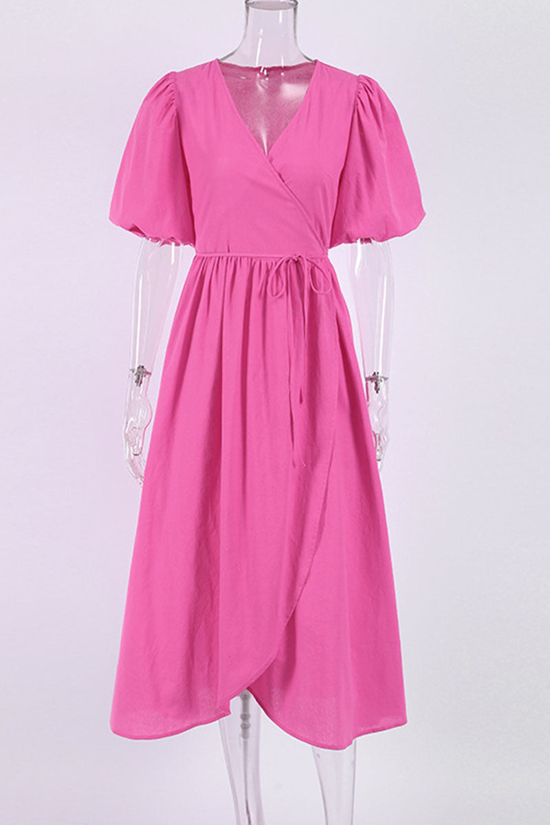 Kaynafashions - Casual Solid Bandage Patchwork Slit V Neck Straight Dresses(3 Colors)