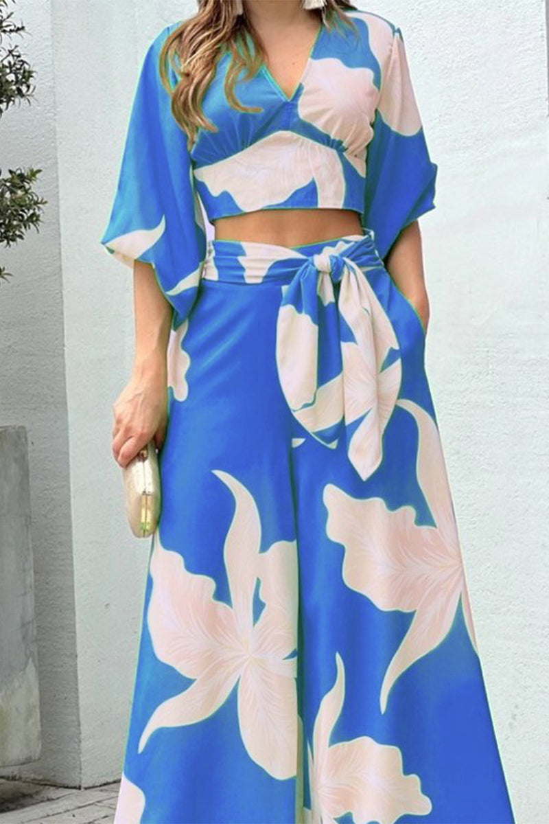 Kaynafashions - Elegant Print Frenulum V Neck Half Sleeve Two Pieces(10 Colors)