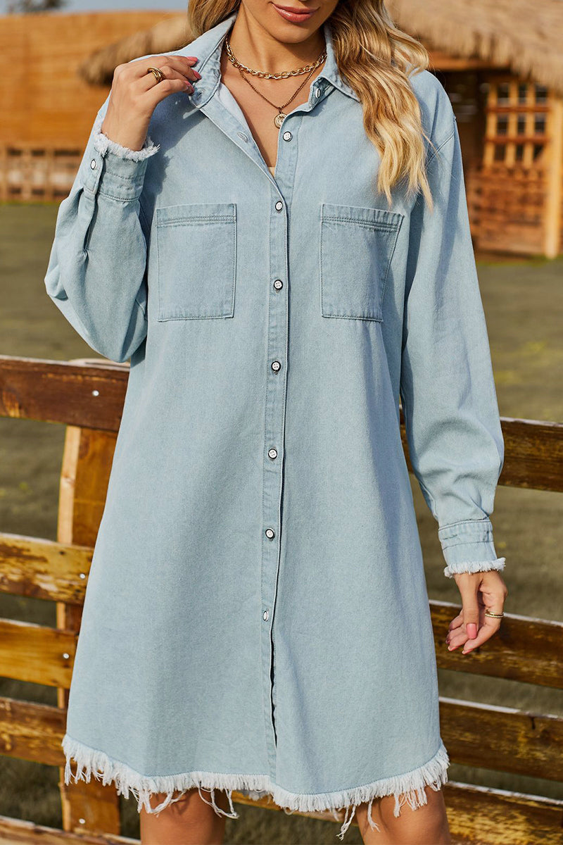 Kaynafashions - Casual Solid Make Old Turndown Collar Long Sleeve Loose Denim Dresses(  No Belt)