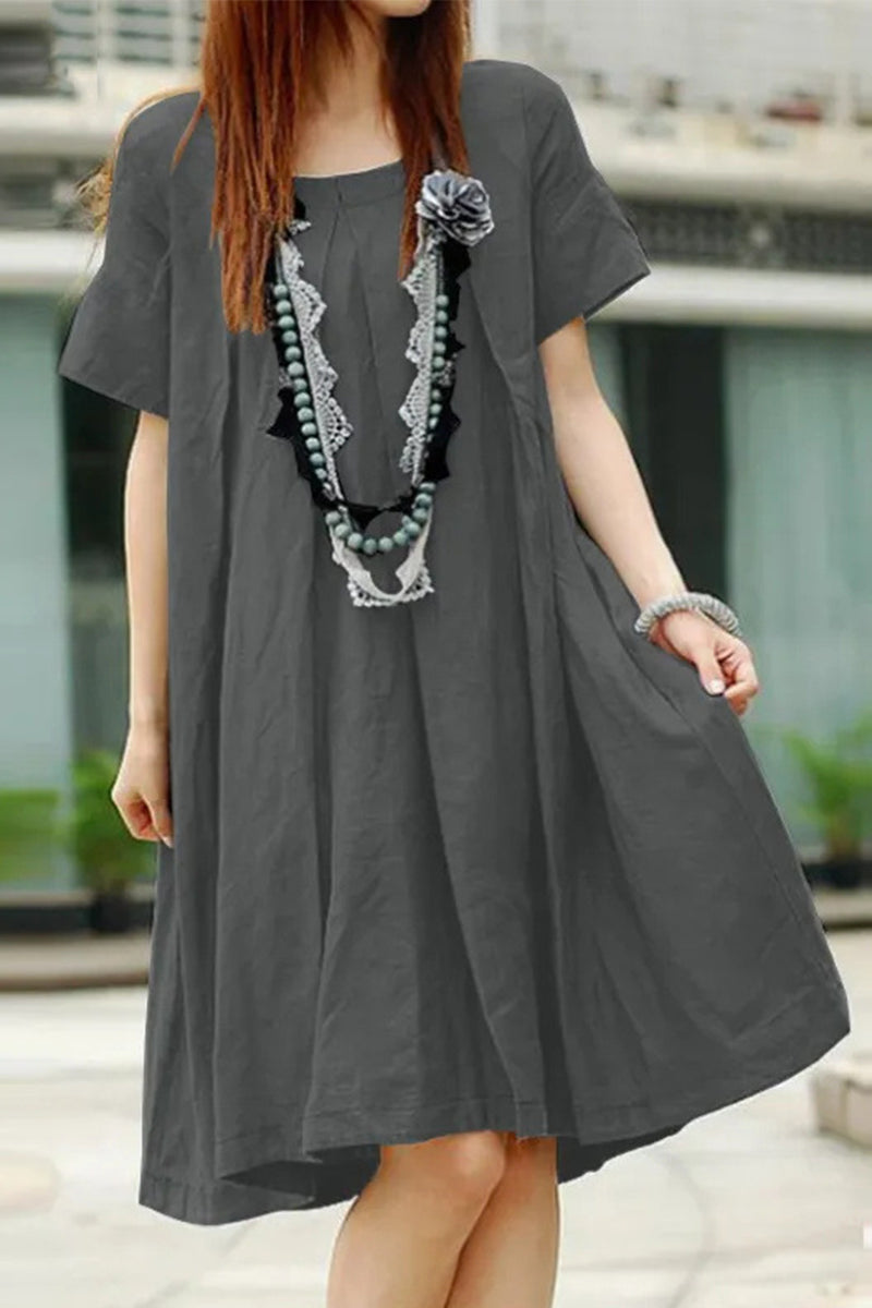 Kaynafashions - Casual Solid Fold O Neck A Line Short Sleeve Dress