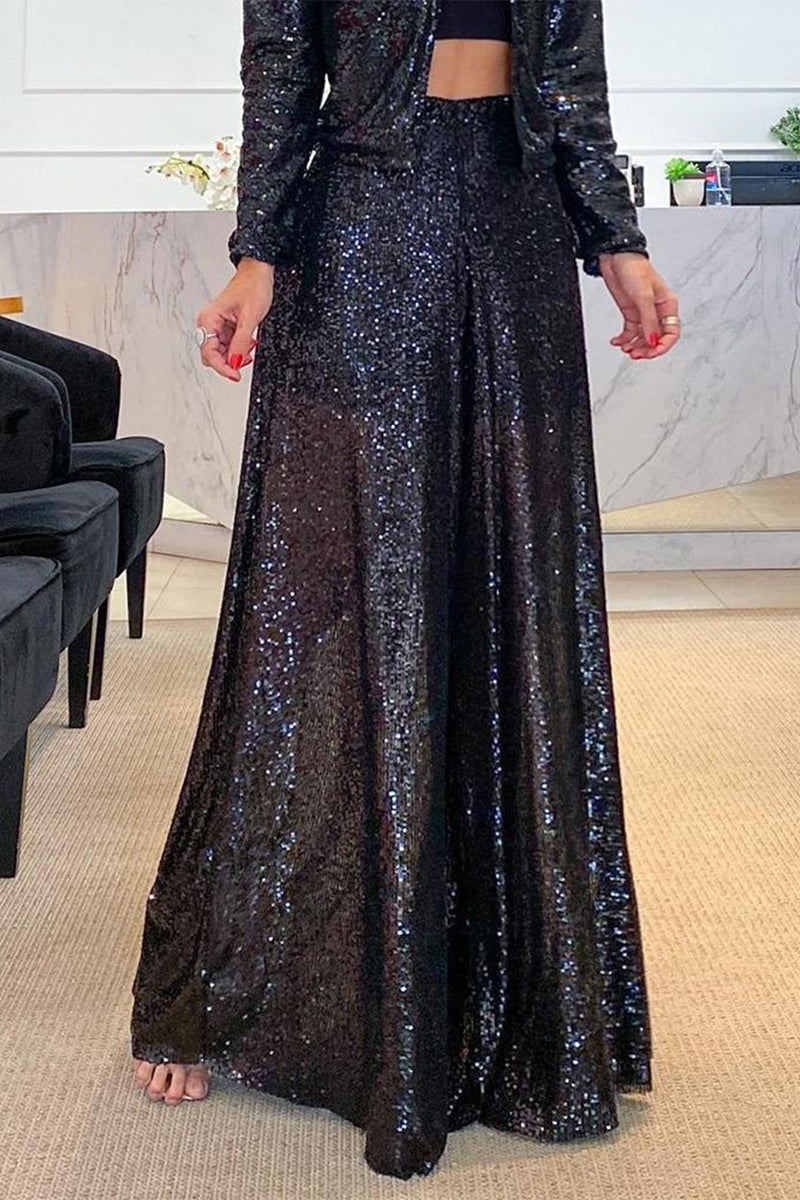 Kaynafashions - Casual Solid Sequins Loose Mid Waist Wide Leg Solid Color Bottoms(3 Colors)