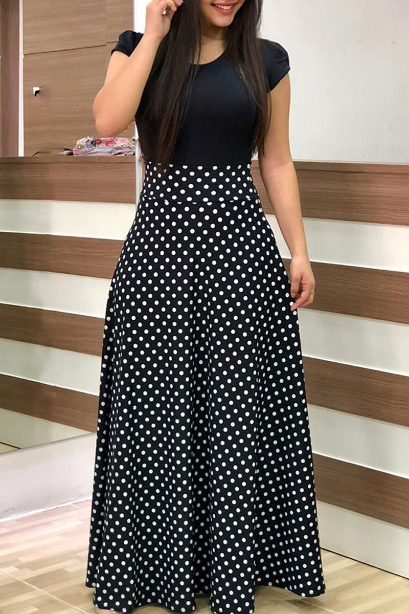 Kaynafashions - Casual Bohemian Print Solid Patchwork O Neck Short Sleeve Dress Dresses(12 Colors)
