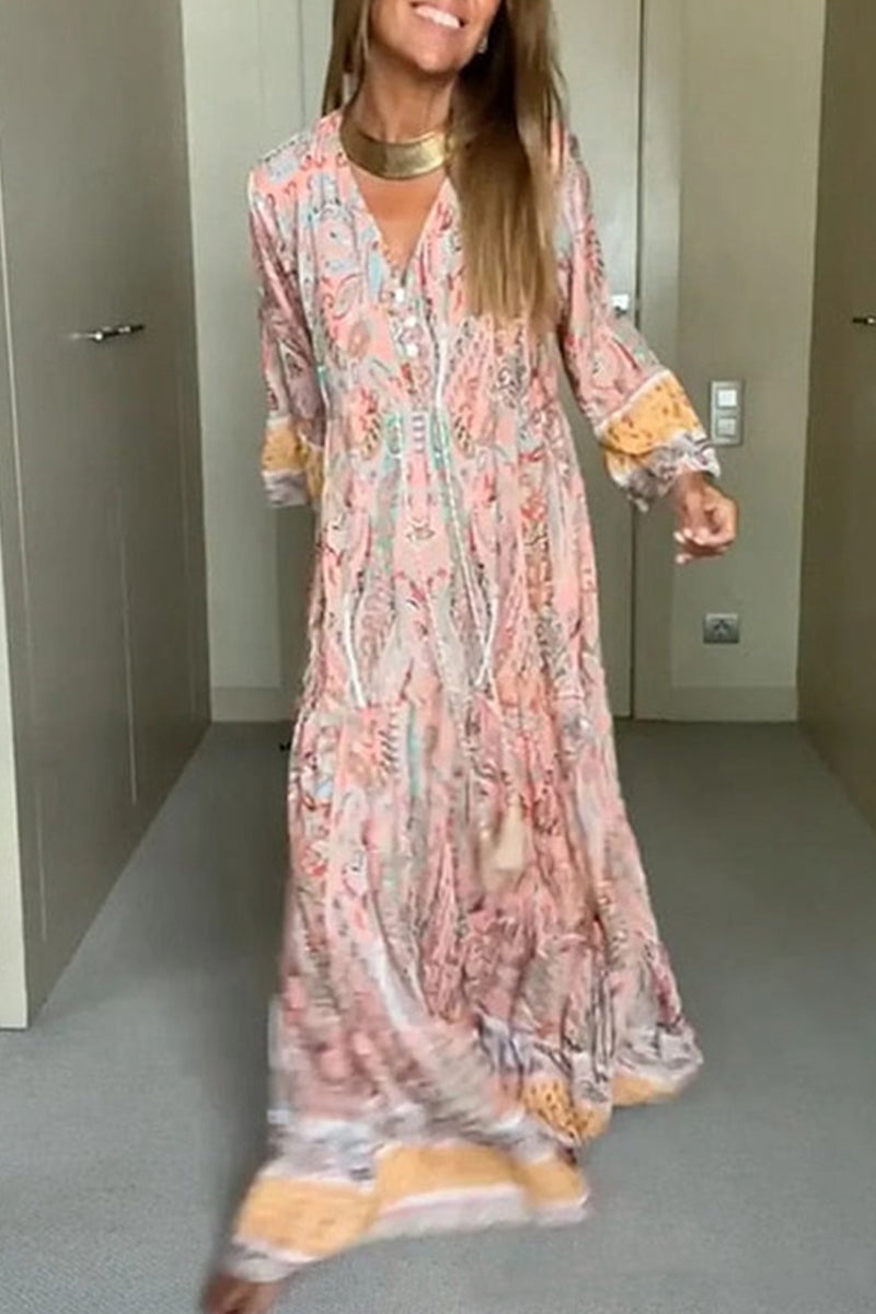 Kaynafashions - Bohemian Elegant Floral Patchwork V Neck A Line Dresses