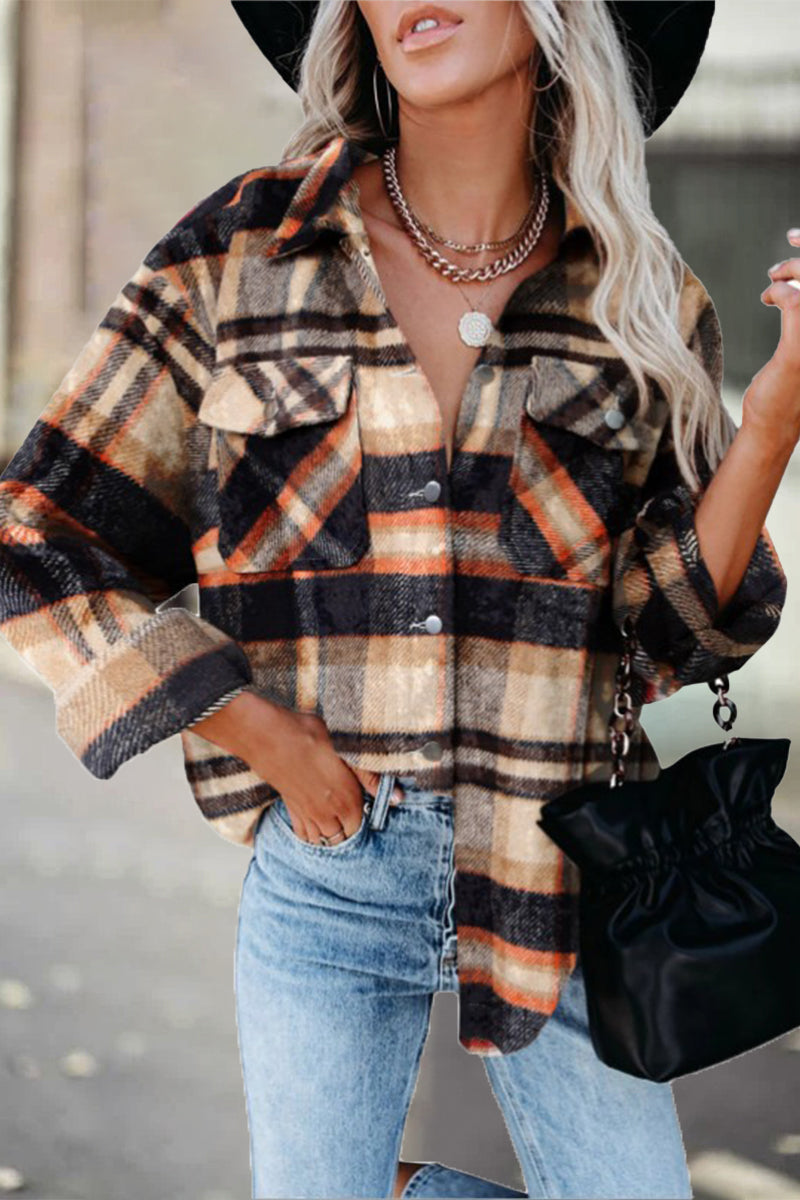 Kaynafashions - Elegant Plaid Printing Turndown Collar Tops