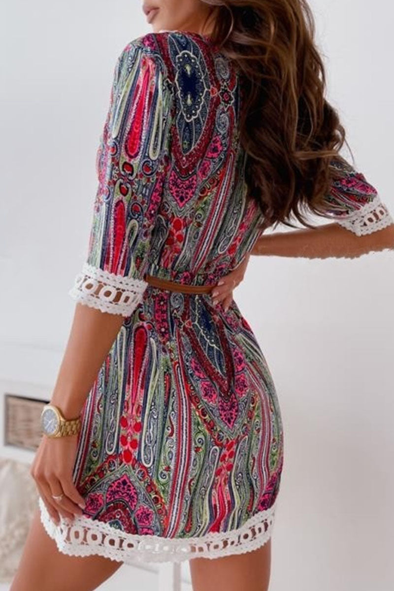 Kaynafashions - Fashion Sweet Print Patchwork V Neck A Line Dresses