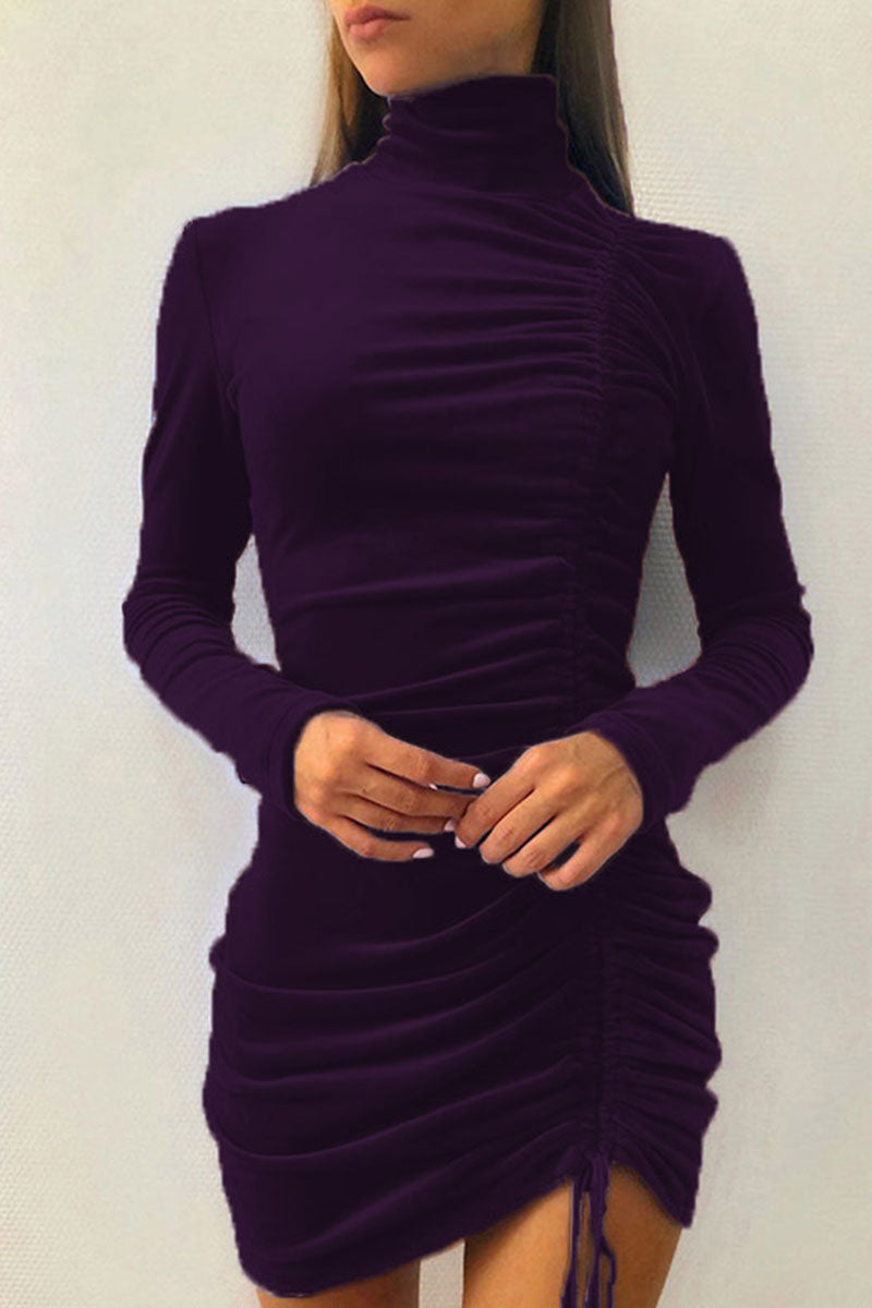 Kaynafashions - Sexy Elegant Solid Draw String Half A Turtleneck Wrapped Skirt Dresses(8 colors)
