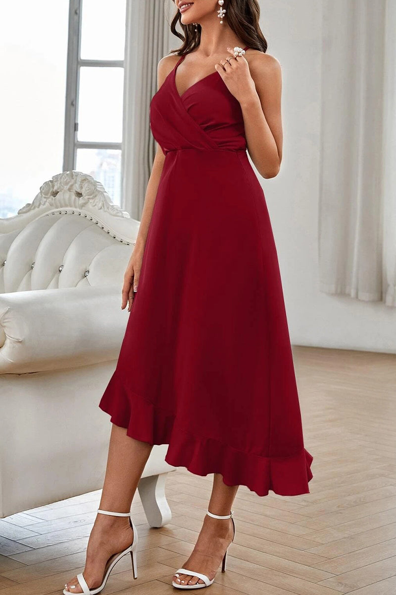 Kaynafashions - Sweet Elegant Solid Flounce V Neck Sling Dress Dresses