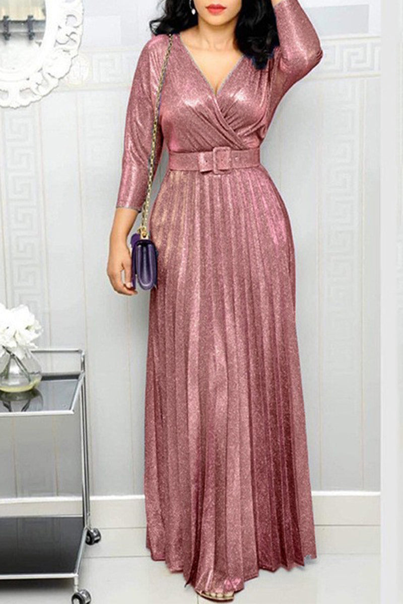 Kaynafashions - Elegant Bronzing Sequined With Belt V Neck A Line Dresses