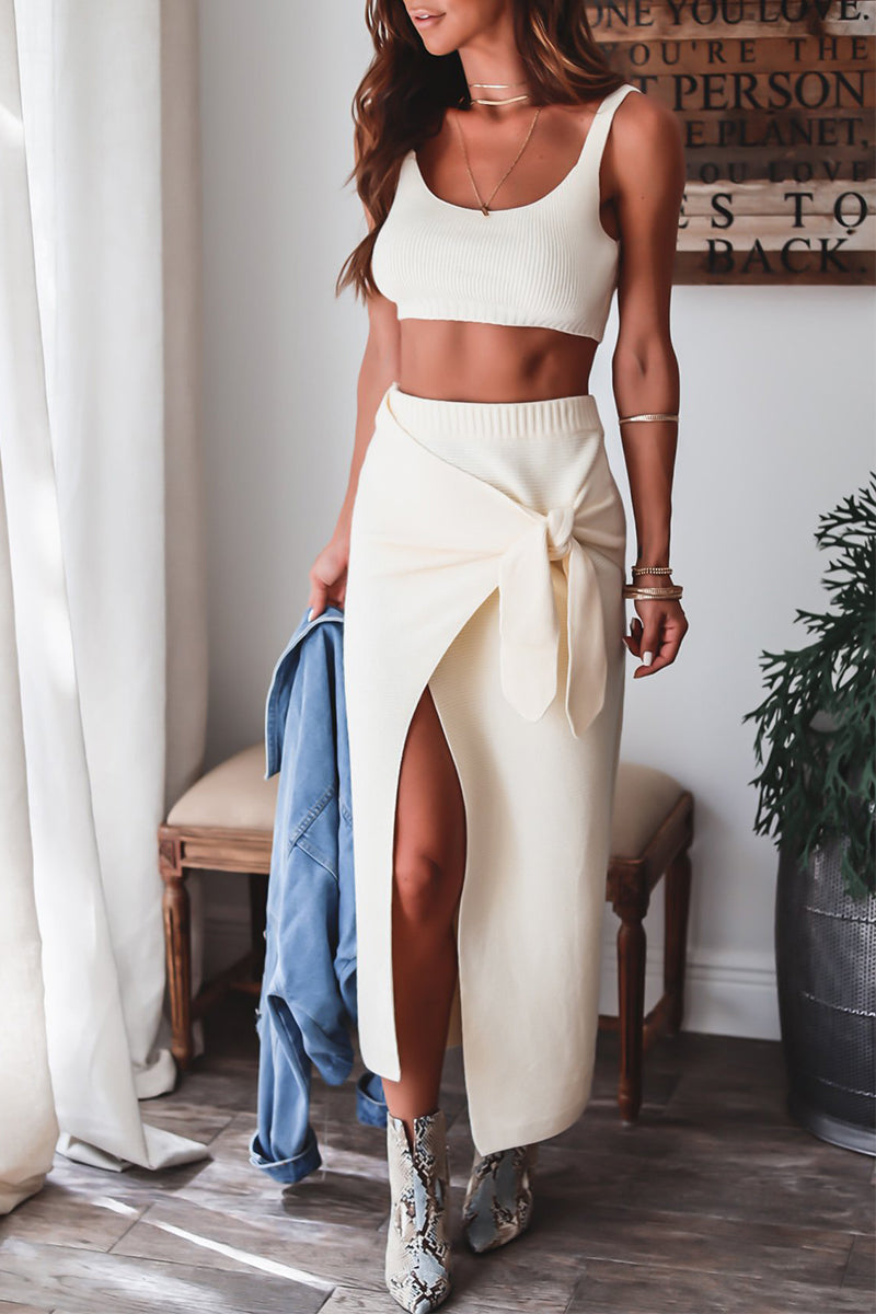 Kaynafashions - Sexy Casual Solid Frenulum Slit U Neck Two Pieces