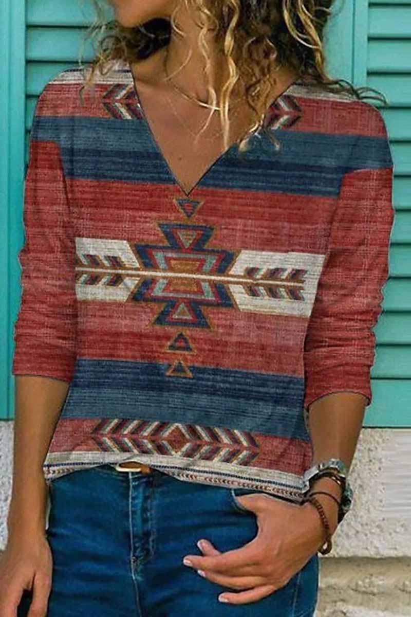 Kaynafashions - Street Print Patchwork V Neck Tops(7 Colors)