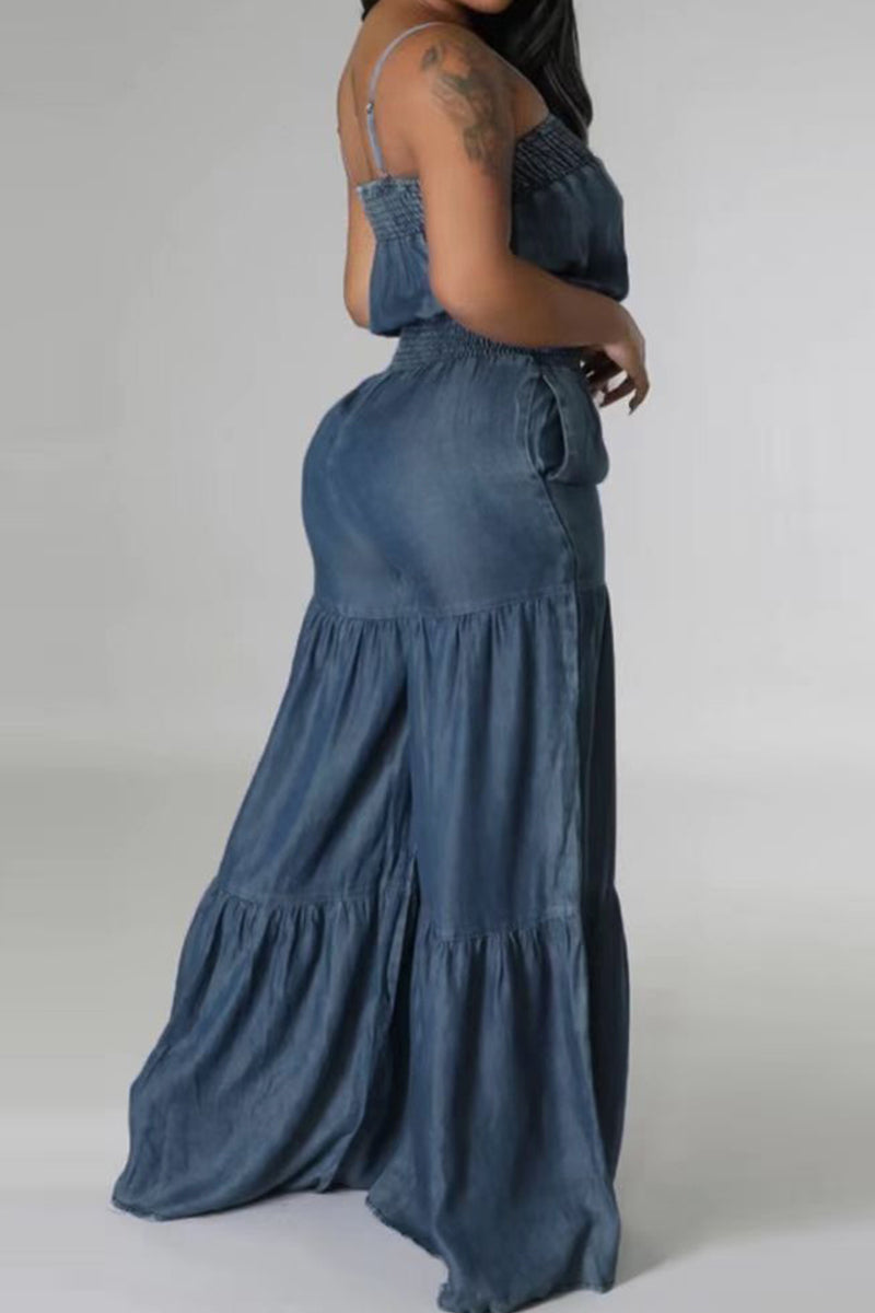 Kaynafashions - Sexy Casual Solid Backless Spaghetti Strap Sleeveless Regular Denim Jumpsuits