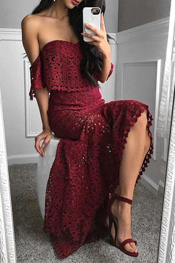 Kaynafashions - Fashion Elegant Solid Hollowed Out Backless Strapless Short Sleeve Two Pieces(3 Colors)