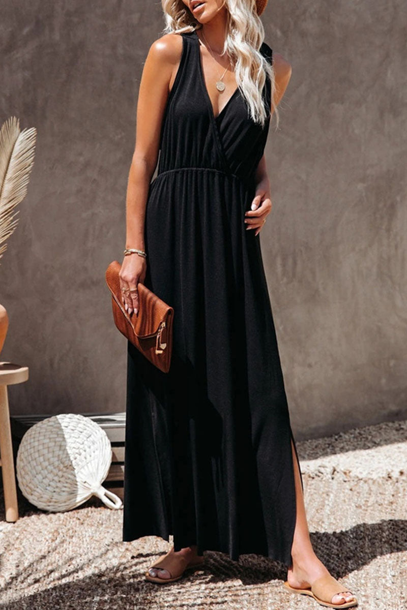 Kaynafashions - Fashion Casual Solid Patchwork V Neck Waist Skirt Dresses