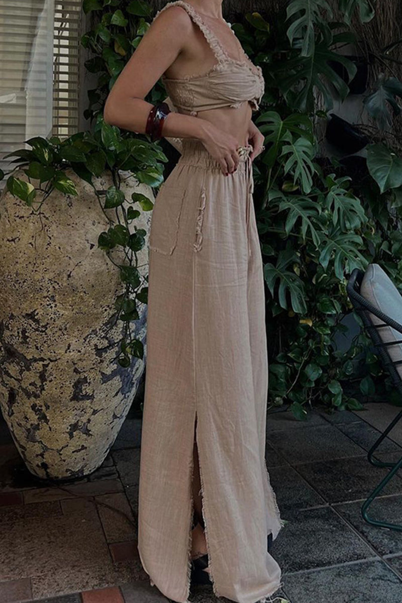 Kaynafashions - Casual Solid Frenulum Square Collar Sleeveless Two Pieces