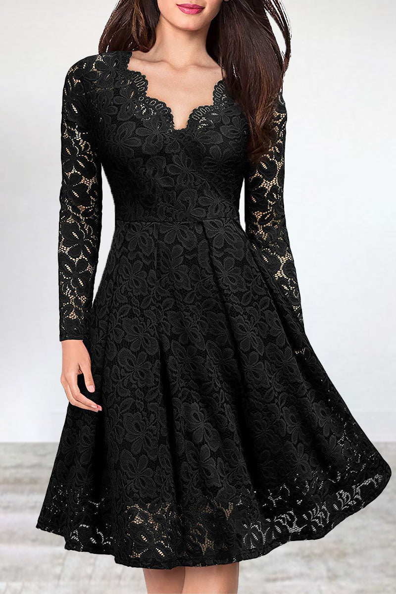 Kaynafashions - Celebrities Elegant Solid Lace V Neck A Line Dresses(5 Colors)