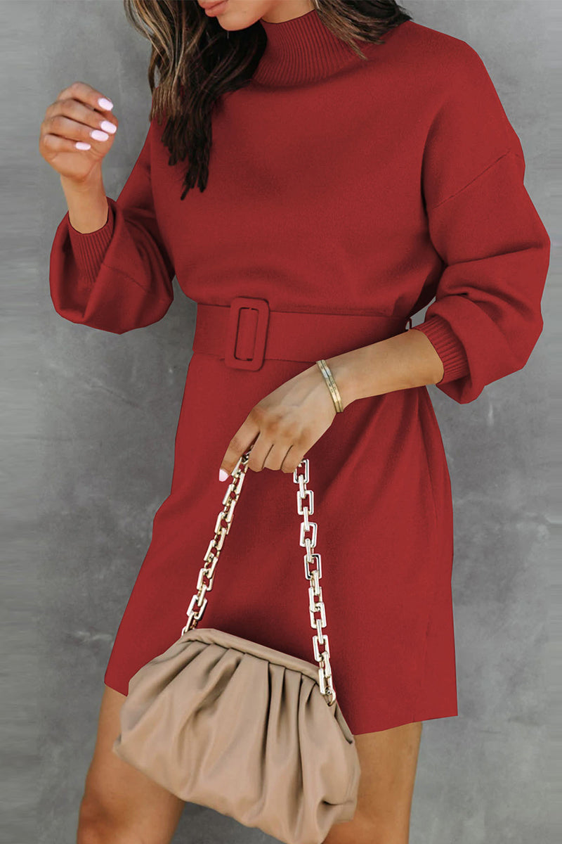 Kaynafashions - Sweet Elegant  With Belt Turtleneck One Step Skirt Dresses(7 Colors)