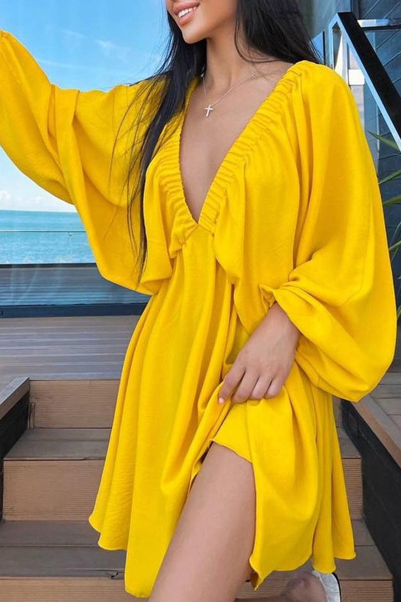 Kaynafashions - Sexy Simplicity Solid Flounce Fold V Neck Long Sleeve Dresses