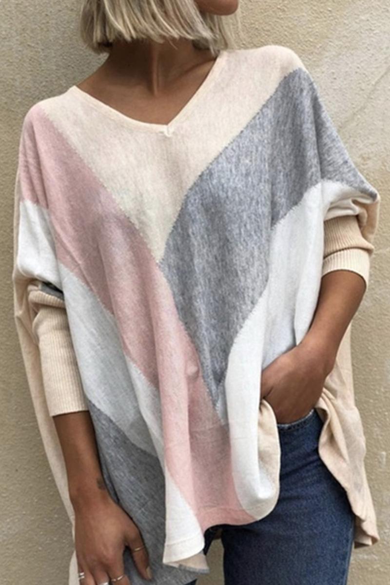 Kaynafashions - Casual Patchwork Contrast V Neck Tops