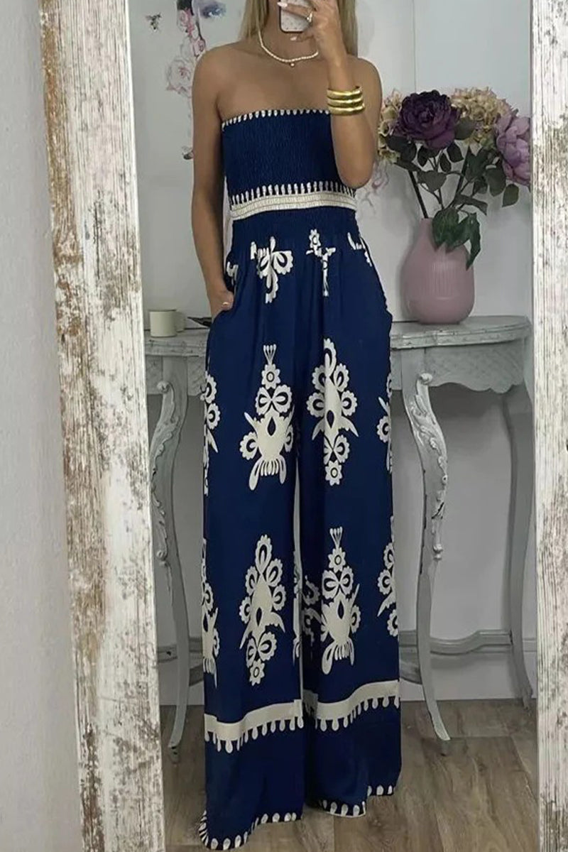 Kaynafashions - Sexy Print Pocket Strapless Loose Jumpsuits(3 Colors)