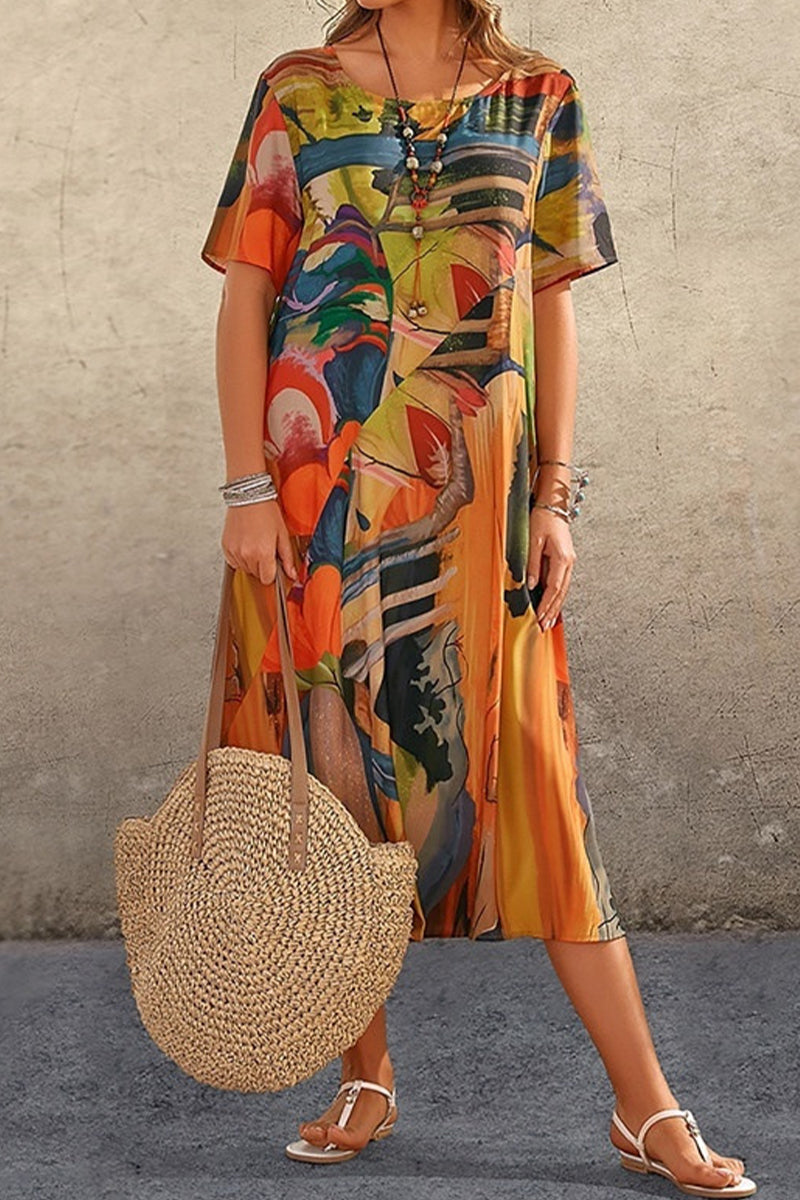 Kaynafashions - Casual College Print Patchwork O Neck Printed Dress Dresses(5 Colors)