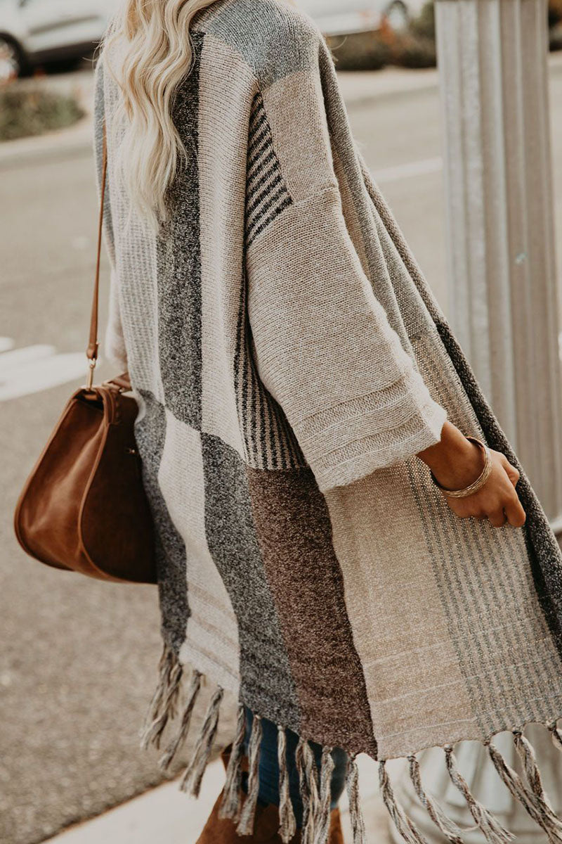 Kaynafashions - Fashion Street Striped Tassel V Neck Outerwear