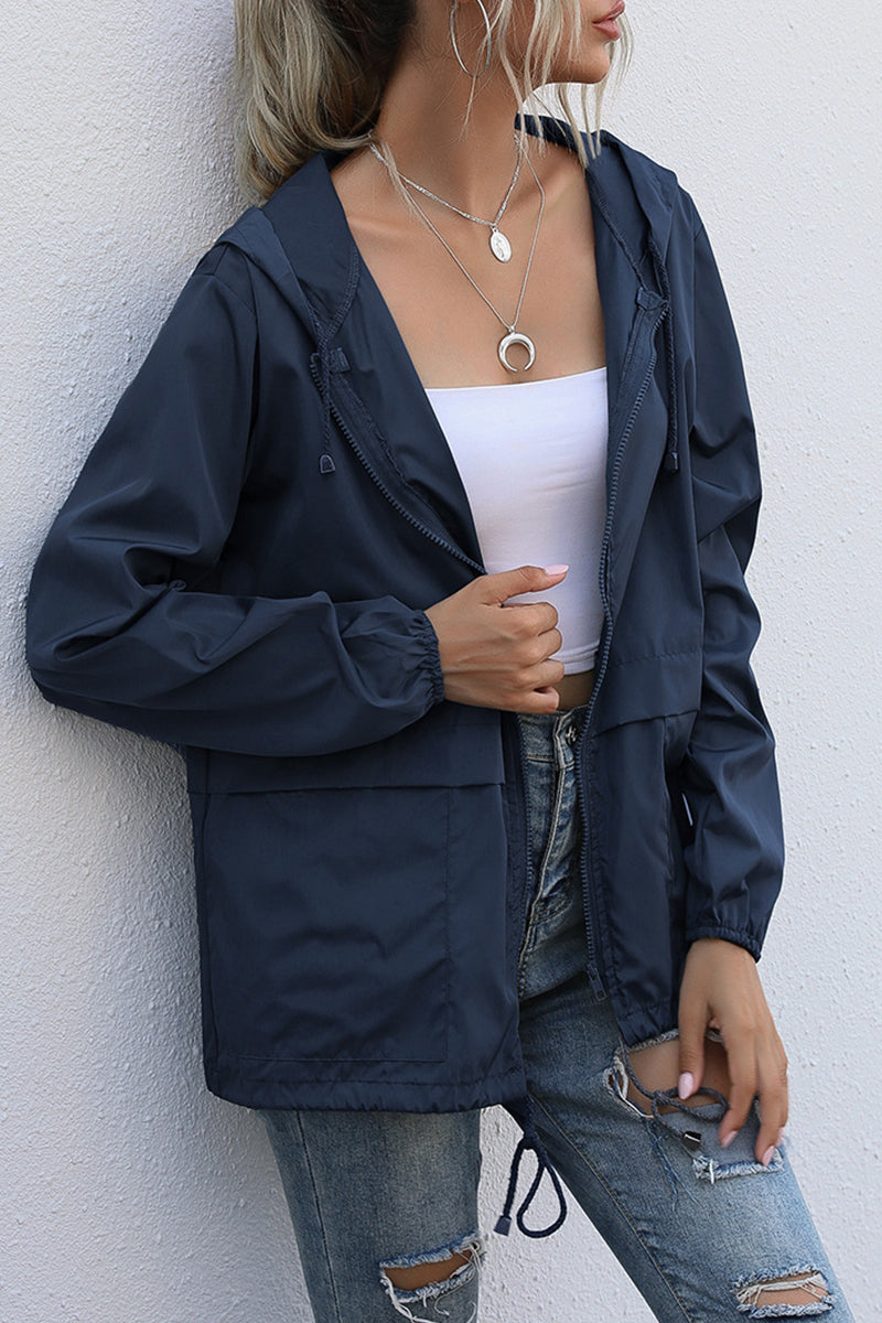 Kaynafashions - Casual Solid Zipper Hooded Collar Outerwear