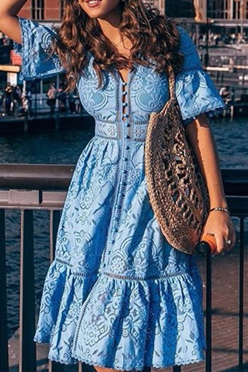 Kaynafashions - Casual Solid Lace V Neck Lace Dress Dresses(3 Colors)