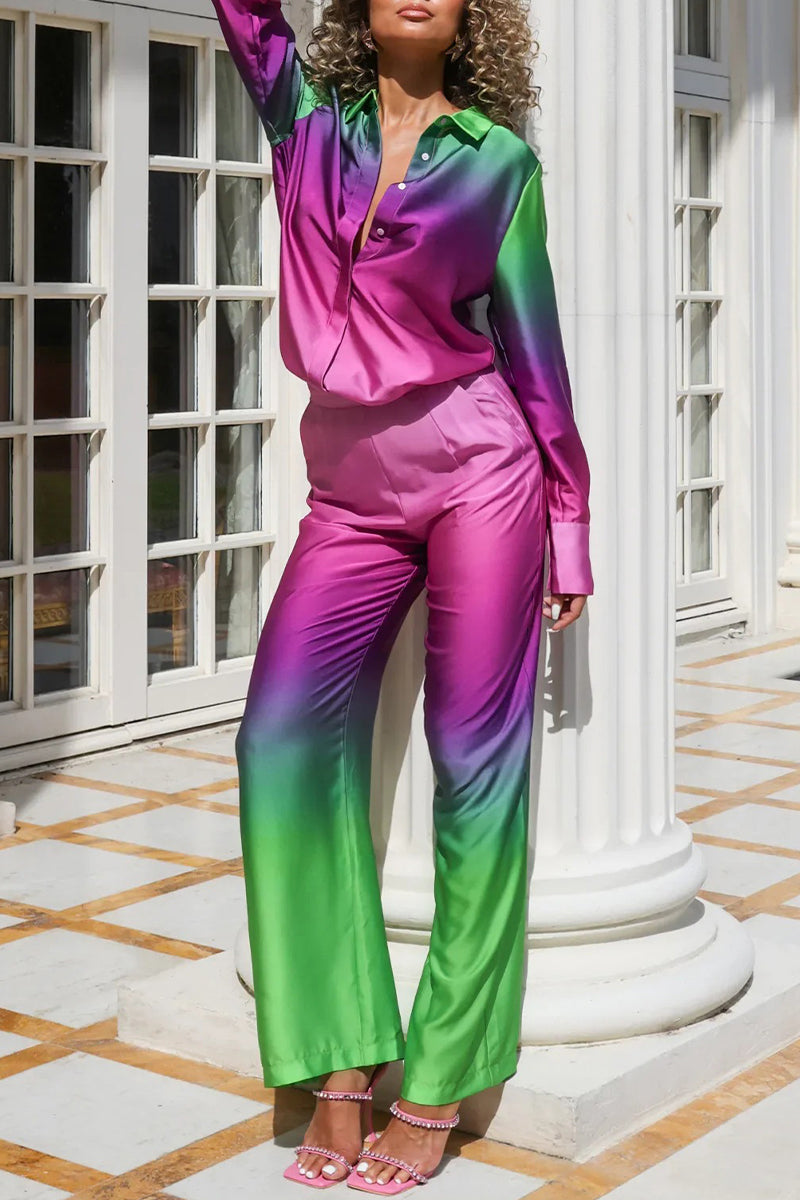 Kaynafashions - Casual Gradual Change Contrast Turndown Collar Long Sleeve Two Pieces(8 Colors)