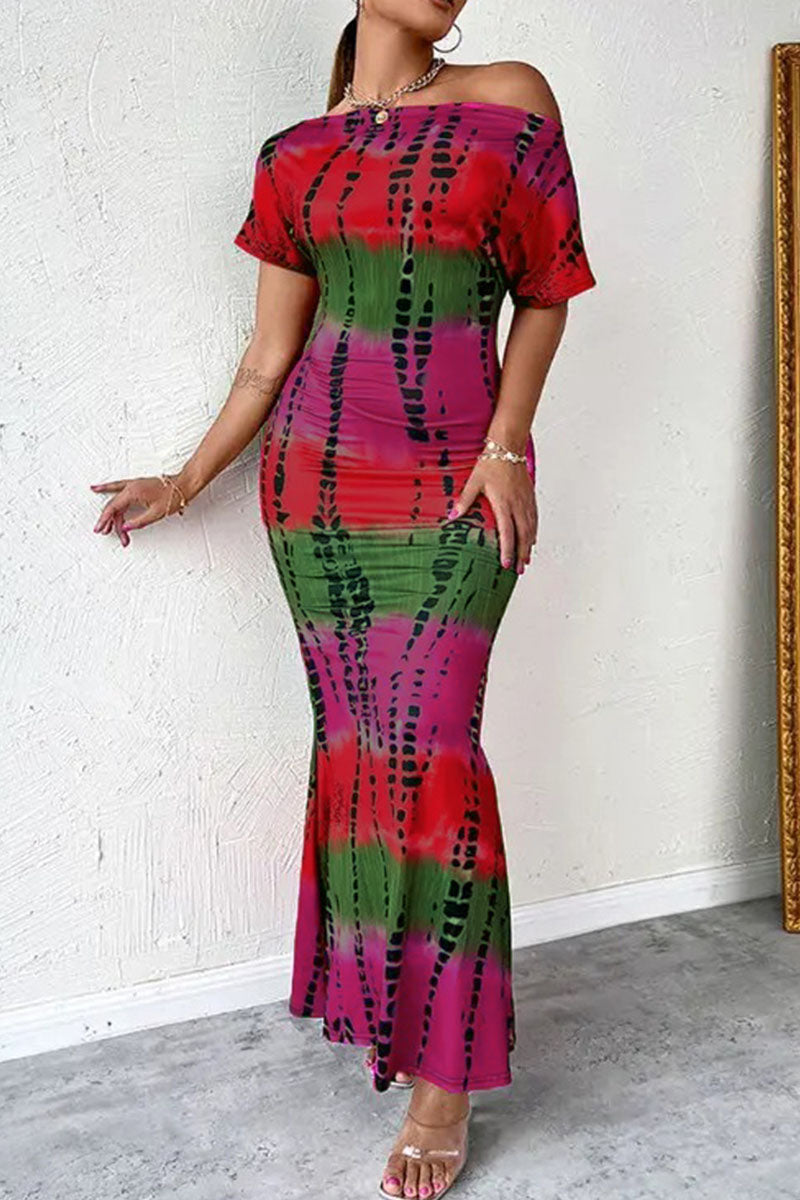 Kaynafashions - Sexy Print Patchwork Oblique Collar Long Dress Dresses