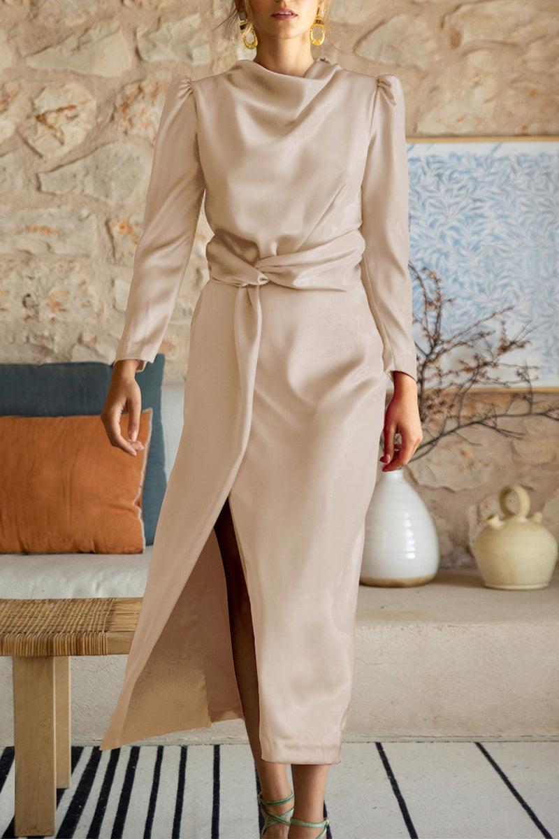 Kaynafashions - Celebrities Elegant Solid Slit Scarf Collar A Line Dresses