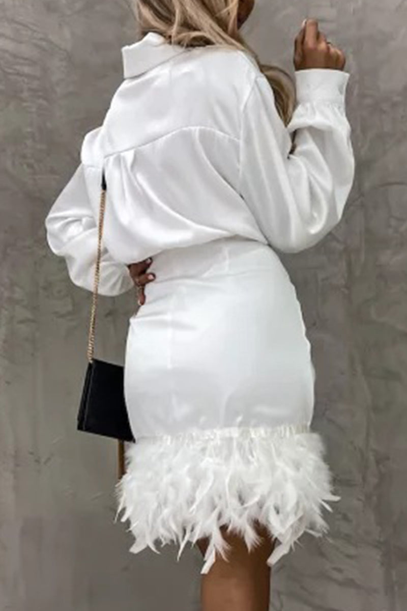 Kaynafashions - Solid Patchwork Buttons Feathers Turndown Collar Wrapped Skirt Dresses